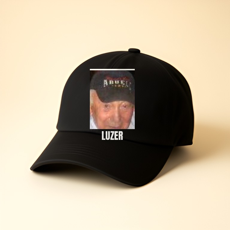 Black cap printed with Luzer's face and the word LUZER