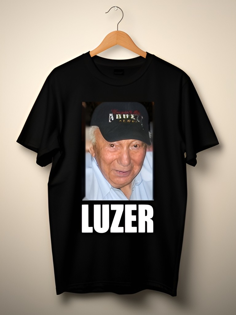 Black tee printed with Luzer's face and the word LUZER
