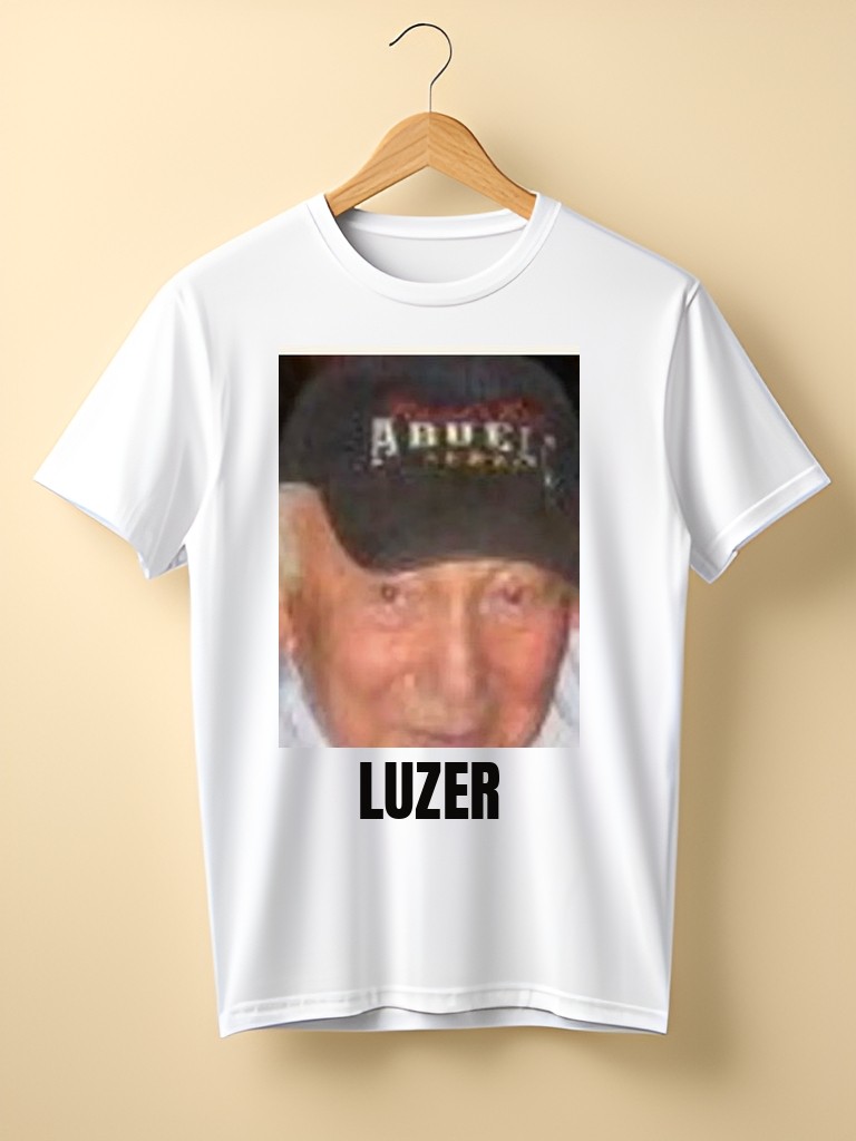 White tee printed with Luzer's face and the word LUZER